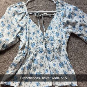 Francesca's Collections White and Blue Floral Blouse